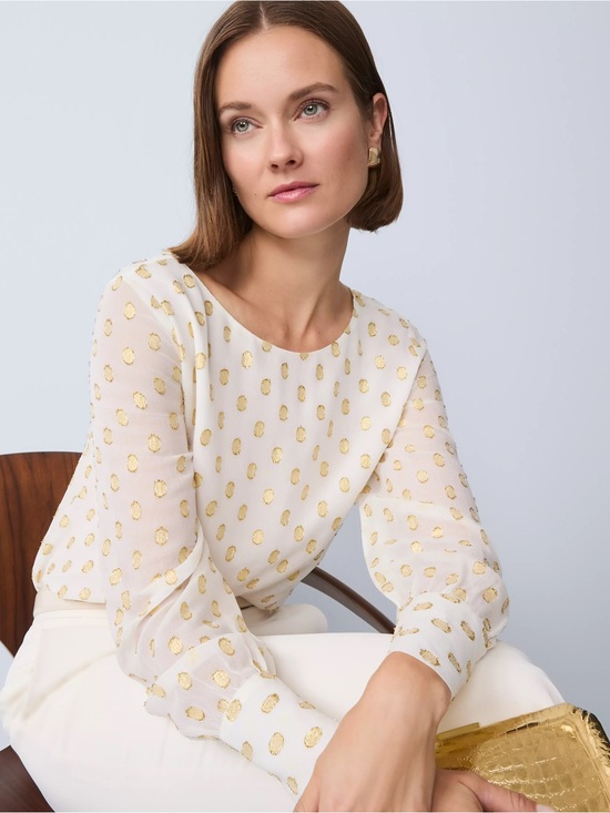 Ann Taylor Tops - NWOT ANN TAYLOR Cream Blouse with Gold Dot Detail W/Sheer Sleeves, Button Cuffs